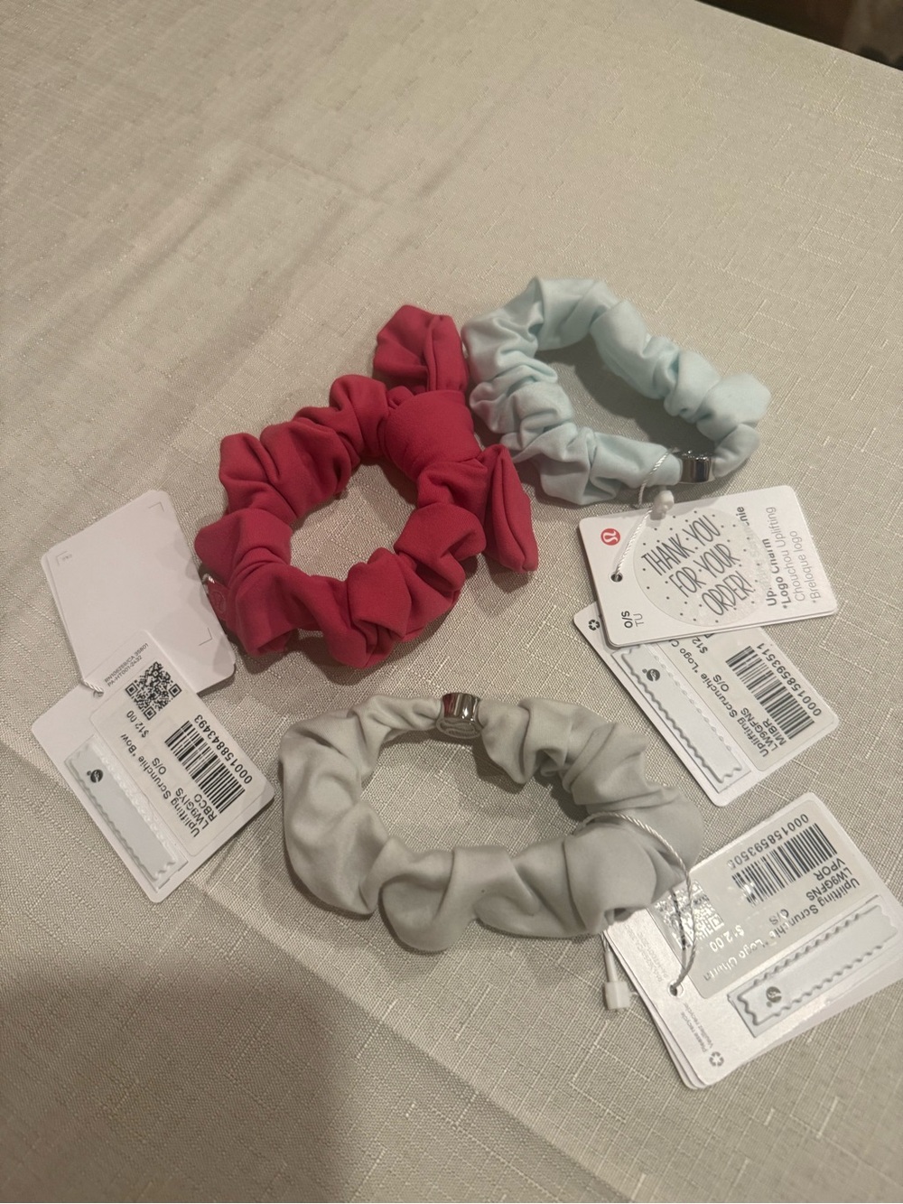 Lululemon Scrunchie Hair Tie Set of 3 - Pink, Light Blue, Light Gray- NWT
